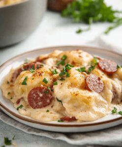Delicious Crockpot Pierogi Casserole With Kielbasa Recipe