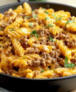 Cheesy Ground Beef Pasta Skillet Recipe
