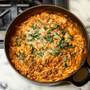 Easy Ground Beef Orzo With Tomato Cream Sauce Recipe